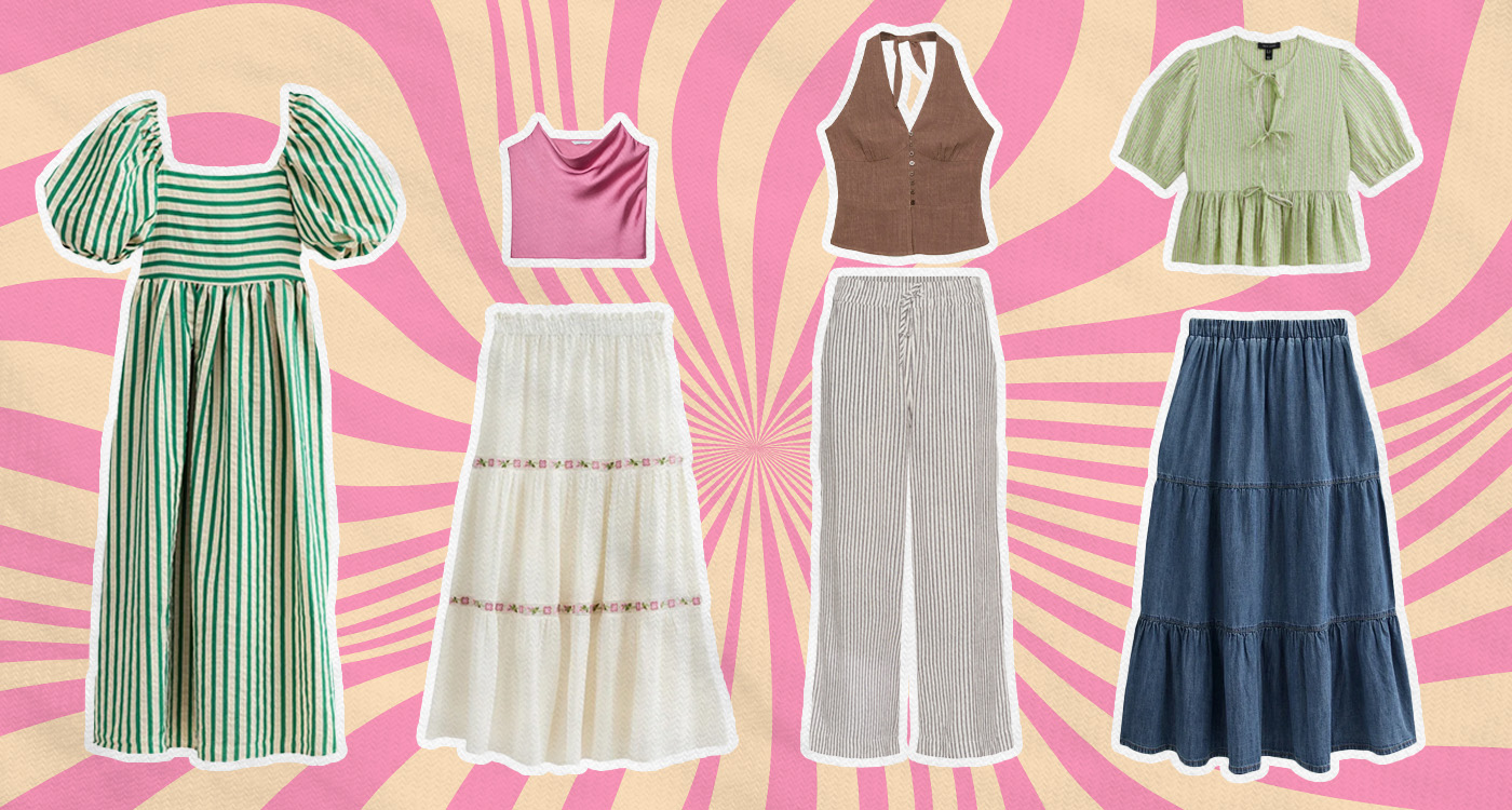 A collage of summer clothing items displayed against a retro pink and beige swirl background. The clothes include a green and white striped puff-sleeve dress, a pink satin cowl-neck crop top, a white tiered skirt with embroidered flowers, a brown buttoned vest, white and gray striped wide-leg pants, a green and white striped peplum blouse with ties, and a tiered denim midi skirt. The image evokes a playful and vintage-inspired summer fashion aesthetic.