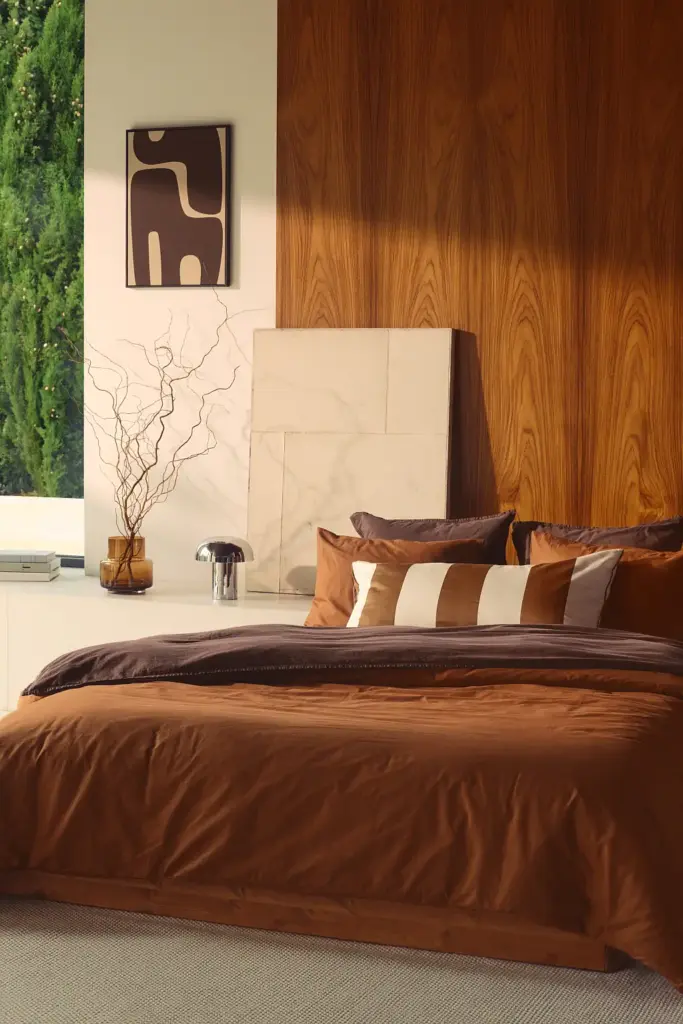 Bed styled with striped brown and white bedding and matching decor accessories
