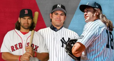 Johnny Damon in 2025 with long hair and salt-and-pepper beard at Yankees Old-Timers Day.