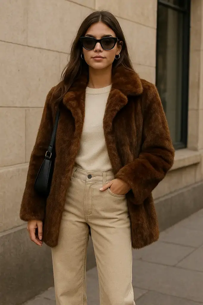 Faux fur jacket with neutral trousers in a chic city look