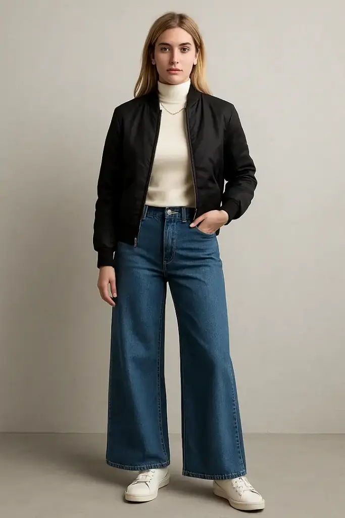 Bomber Jacket with a Turtleneck and Wide-Leg Jeans