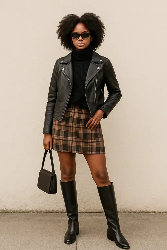 Plaid Mini Skirt with a Sweater, Leather Jacket and Knee-High Boots