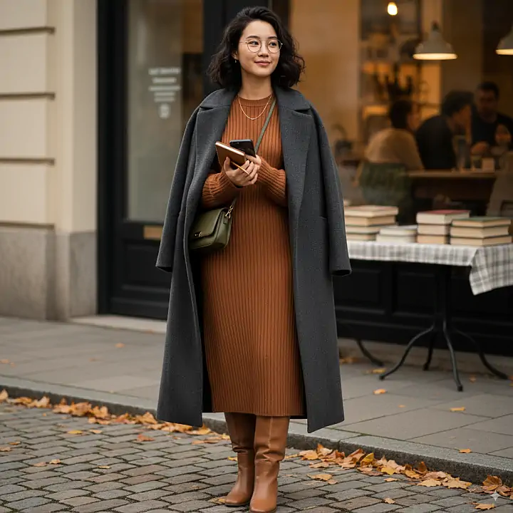 Midi wool dress with oversized coat in earthy tones, styled for fall with tonal layers and textured fabrics.