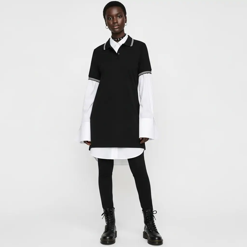 A person wears a white button-up shirt with long sleeves under a black short-sleeve tunic dress featuring white piping on the collar and cuffs. The shirt’s cuffs extend past the tunic, paired with slim black trousers.