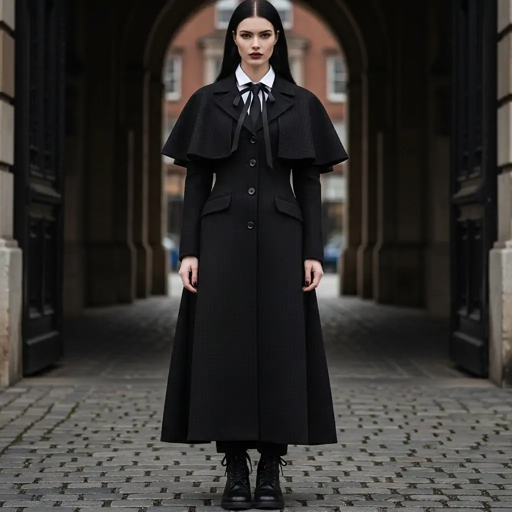 A long dark patterned coat with a capelet overlay. Underneath, a white collared shirt and black tie peek out, paired with black lace-up boots.