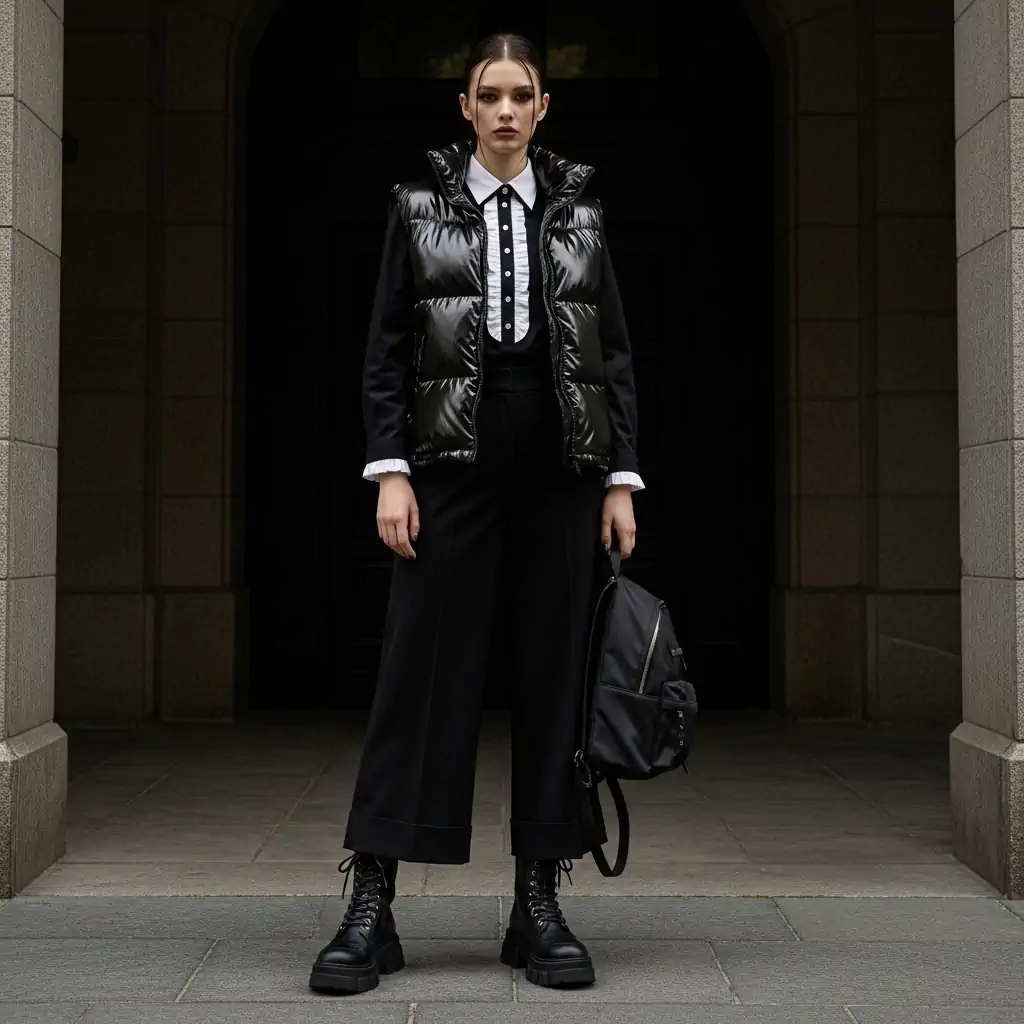 A person stands wearing a shiny black puffer vest over a black long-sleeved shirt with white ruffle trim on the collar and front placket. They pair it with black wide-leg trousers cropped at the hem and chunky black lace-up boots. A simple black backpack hangs in their hand, completing the practical yet gothic-inspired look.