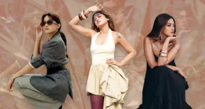 Collage of fashion creator Tashi Gyanee in three different editorial looks: on the left, wearing a grey tailored suit with oversized sunglasses; in the center, posing with eyes closed in a cream halter top and voluminous beige skirt; on the right, seated in a strapless black dress with bold metallic bangles, gazing thoughtfully to the side.