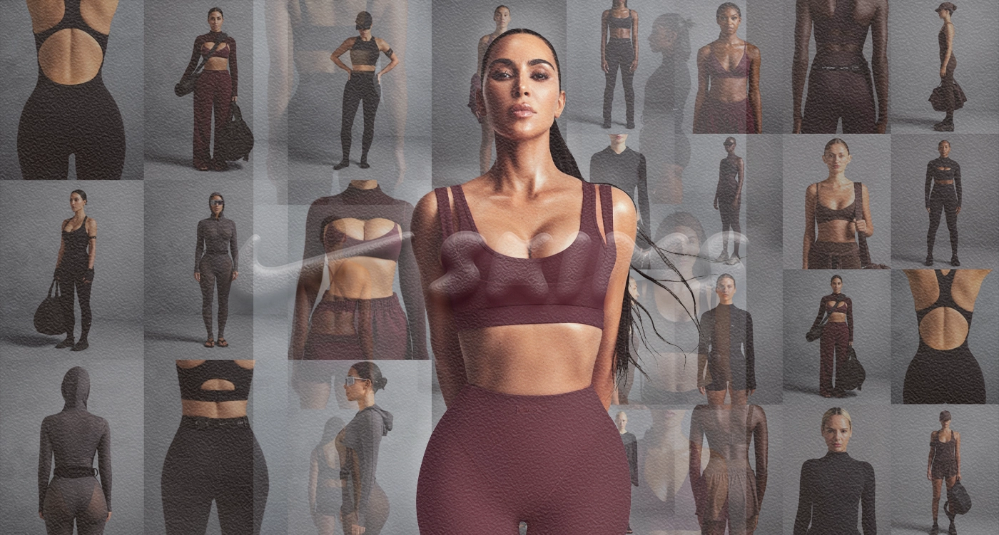 Group of women athletes, including Serena Williams and Sha’Carri Richardson, wearing sculpted NikeSKIMS activewear in campaign photography.