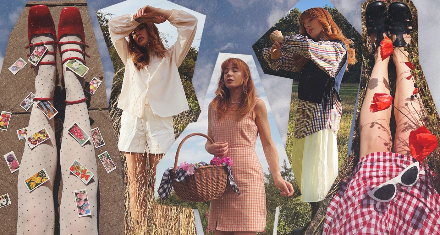 Nat Williams poses in a soft, vintage outfit with cozy tones and feminine details, capturing her dreamy aesthetic inspired by nature and nostalgia.