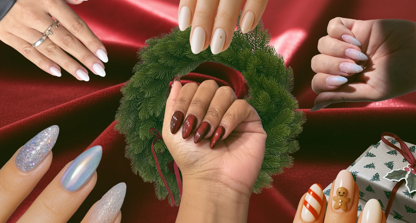 Velvet glass Christmas nails in emerald and silver with glossy finish.