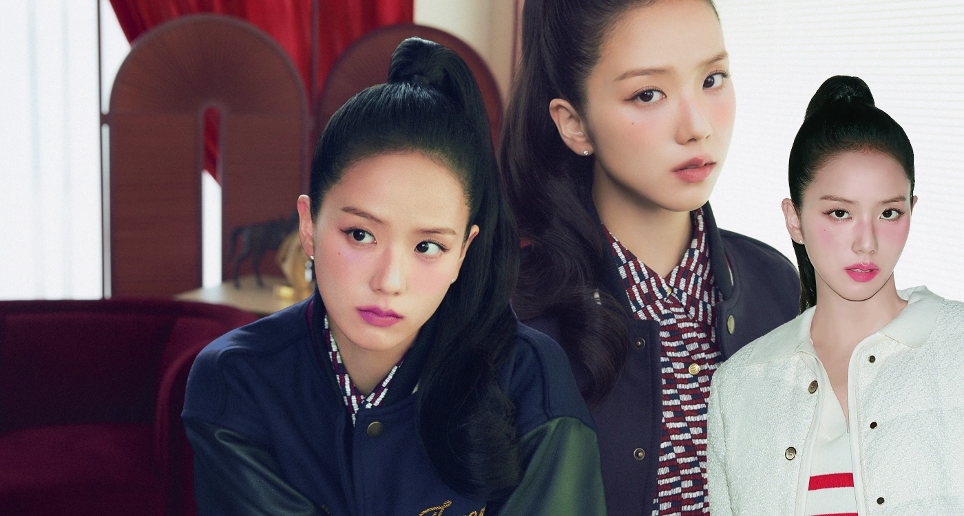 JISOO wearing black leather varsity jacket from Tommy Hilfiger Lunar New Year 2026 collection