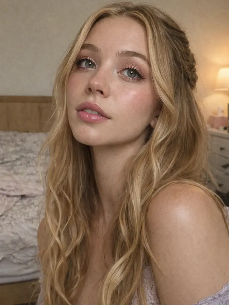 Close-up of Euphoria inspired makeup with glitter under the eyes, glossy skin, graphic eyeliner and high-shine lips in a moody editorial beauty portrait.