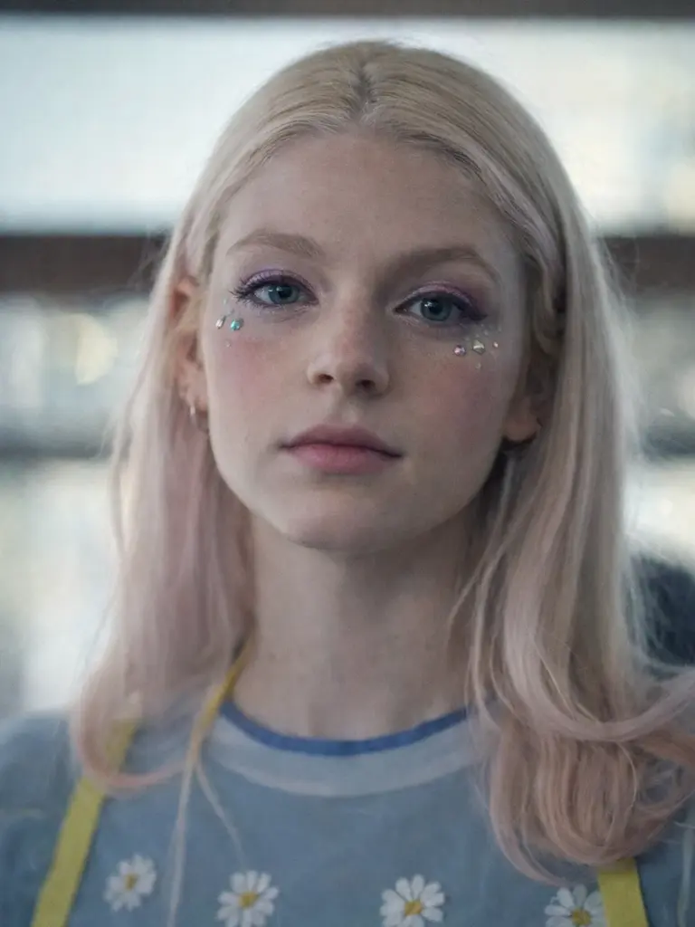 Close-up of Euphoria inspired makeup with glitter under the eyes, glossy skin, graphic eyeliner and high-shine lips in a moody editorial beauty portrait.