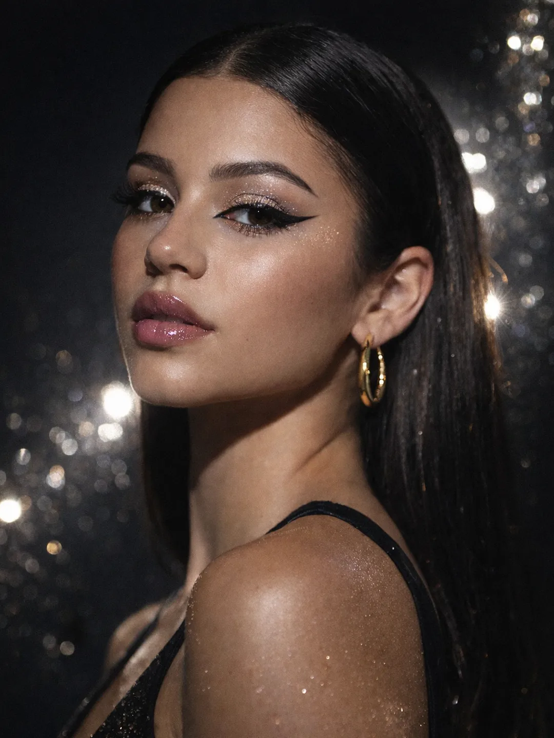 Close-up of Euphoria inspired makeup with glitter under the eyes, glossy skin, graphic eyeliner and high-shine lips in a moody editorial beauty portrait.