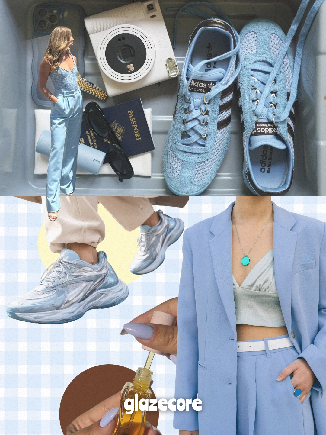 Baby blue sneakers paired with neutral streetwear look